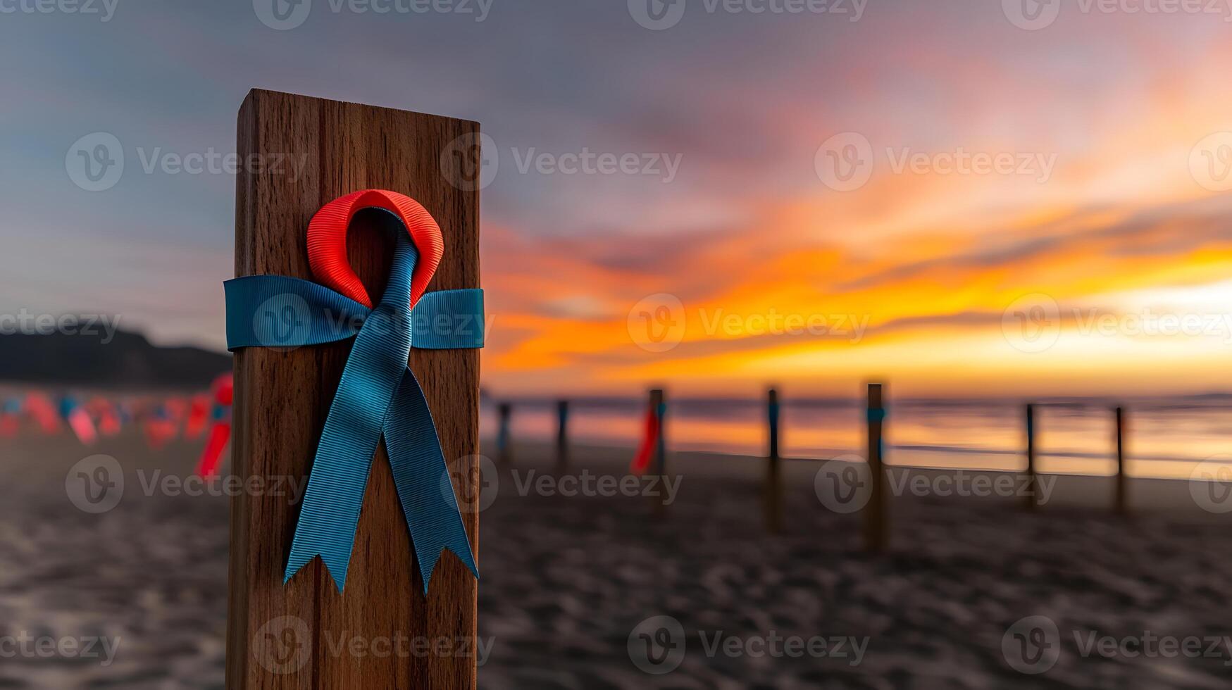 Colorful ribbons adorn wooden posts on a beach during a vibrant sunset, creating a serene atmosphere photo