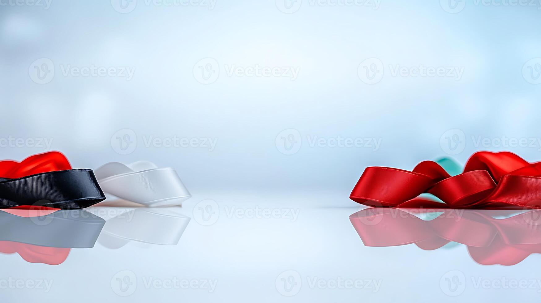 Colorful ribbons in black, white, red, and green arranged on a reflective surface with a soft background photo