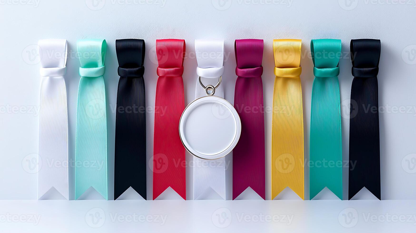 Colorful ribbons arranged symmetrically with a blank medal in the center on a white background photo