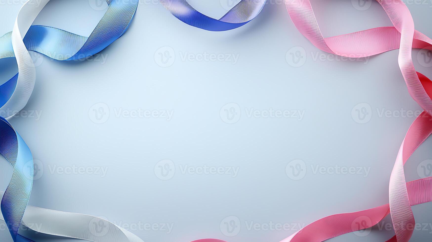 Colorful ribbons in blue, pink, and white arranged in a decorative frame on a light background photo