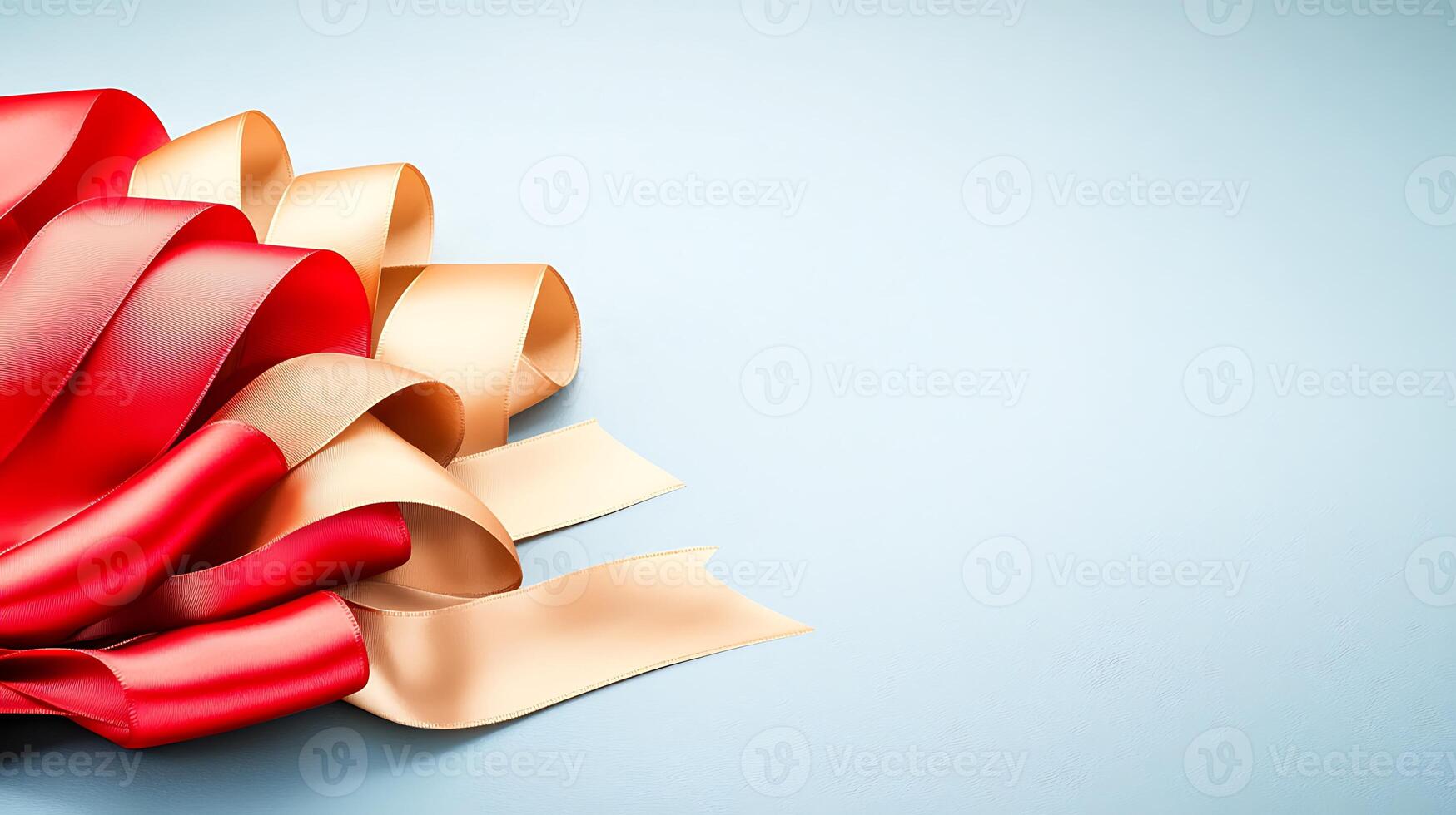Colorful ribbons in red and gold elegantly arranged on a soft blue background, ideal for celebrations photo