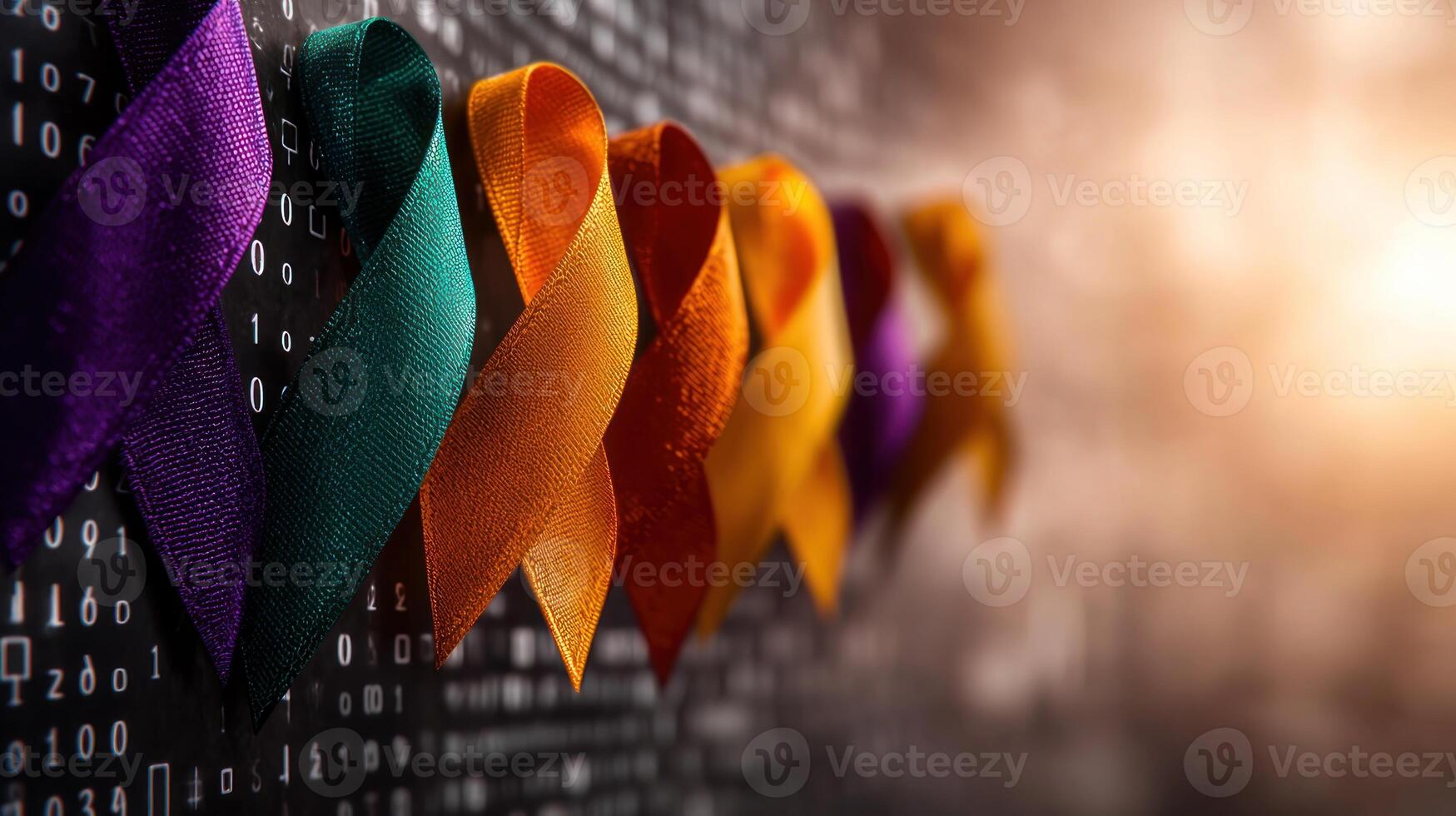 Colorful ribbons in various shades hang against a blurred digital background, symbolizing awareness photo