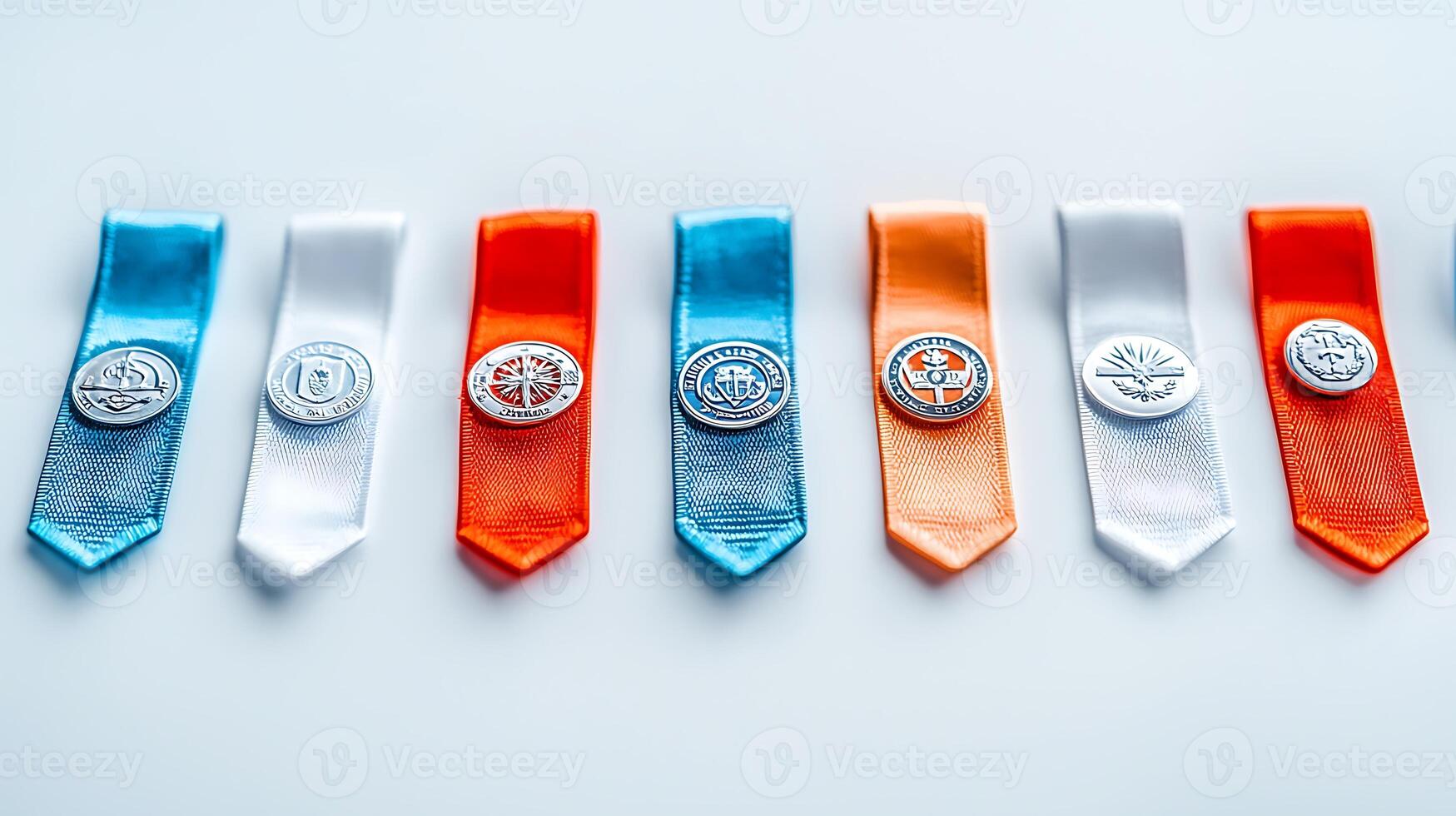 Colorful ribbons with medals arranged in a row on a light background, showcasing achievements and awards photo