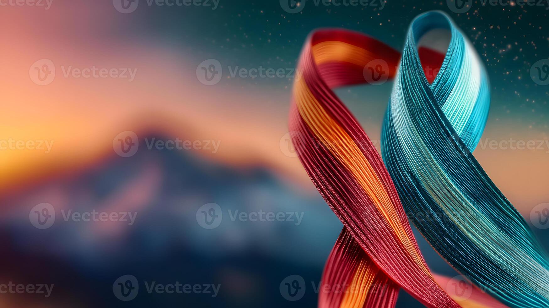 Colorful ribbons intertwine against a blurred mountain backdrop during sunset, creating a vibrant scene photo