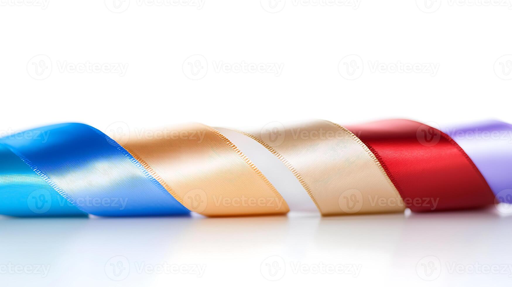 Colorful satin ribbons arranged elegantly on a reflective surface, showcasing vibrant hues for crafting photo
