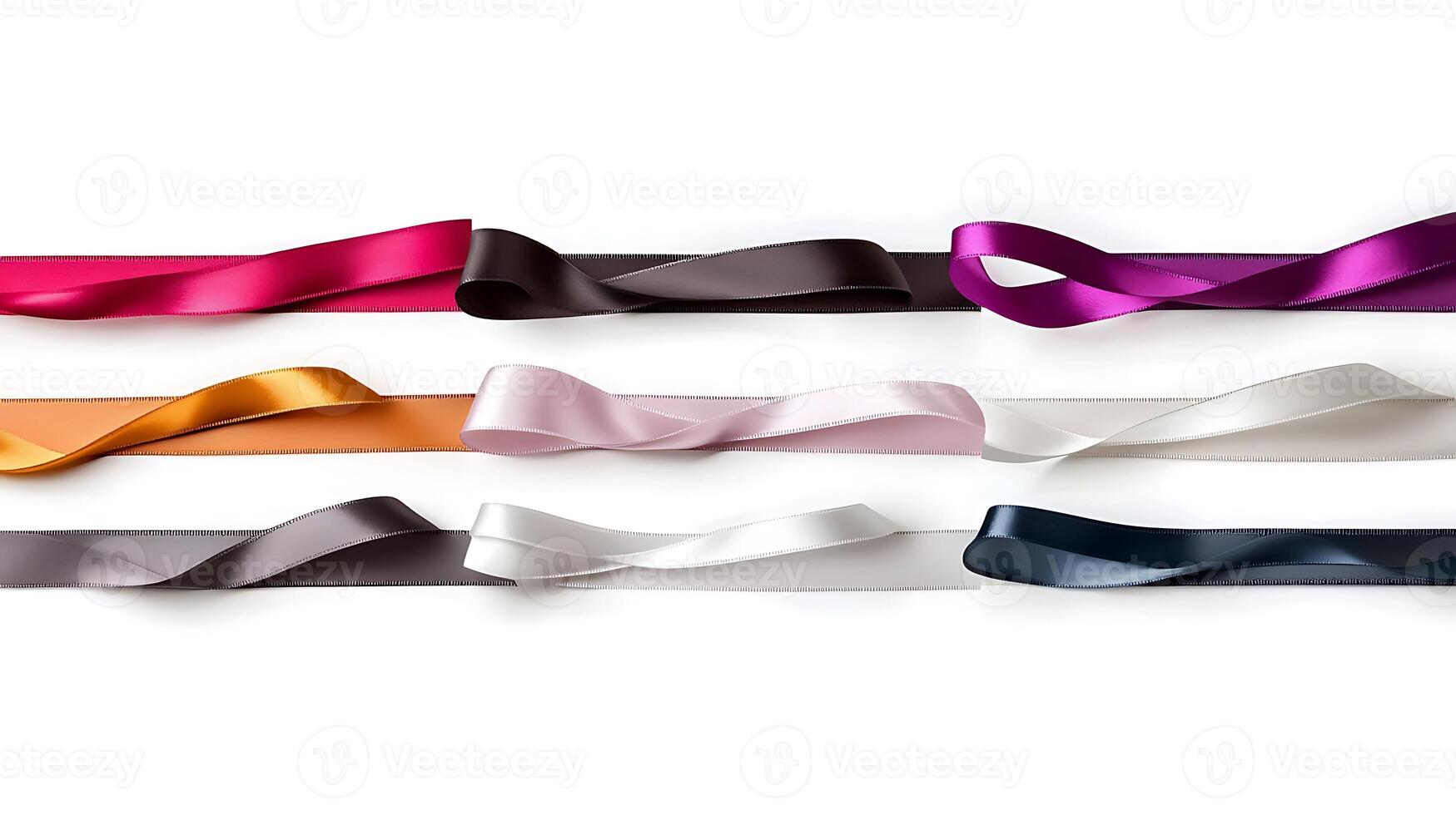 Colorful satin ribbons arranged in a flat lay style, showcasing various textures and hues photo