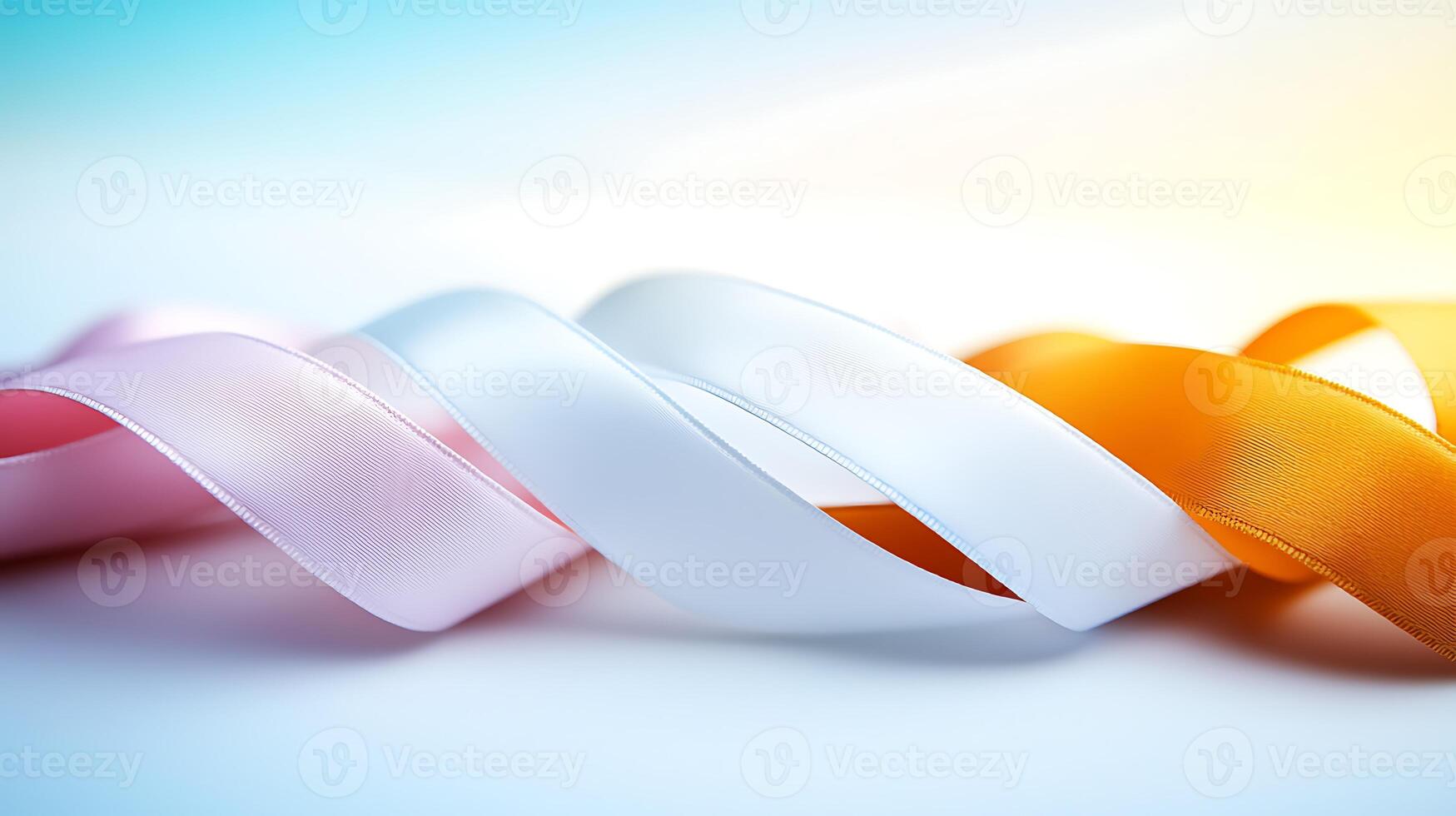 Colorful satin ribbons in pink, white, and orange gracefully intertwined on a soft background photo