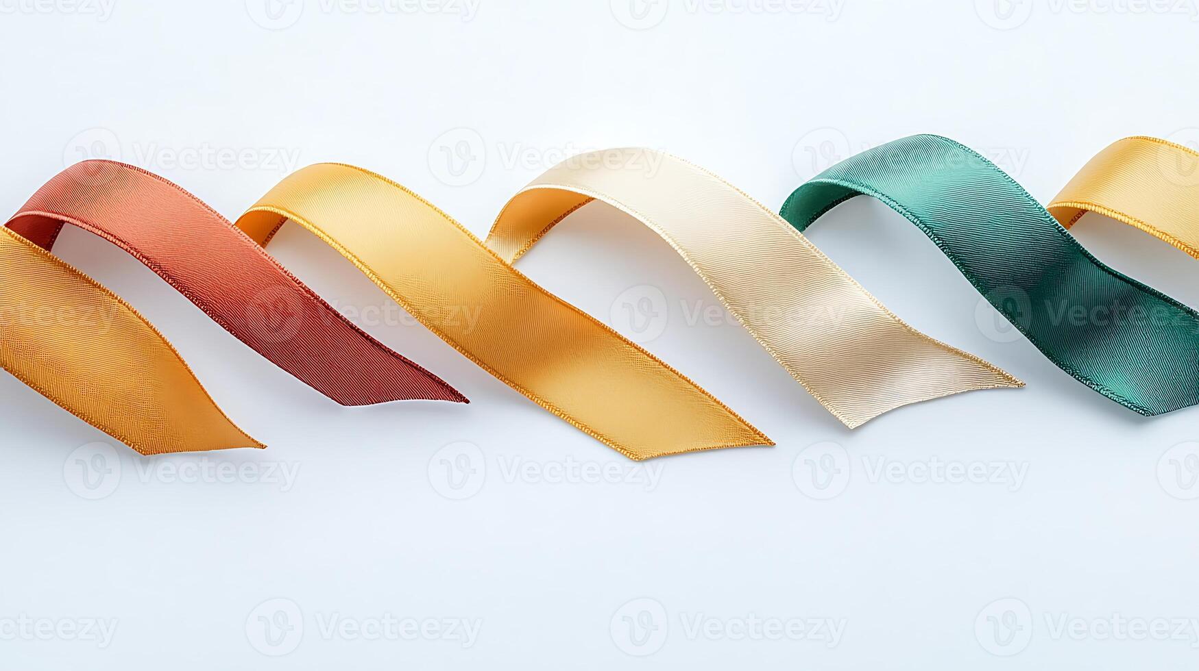 Colorful satin ribbons arranged in a wave pattern against a light background for decoration use photo