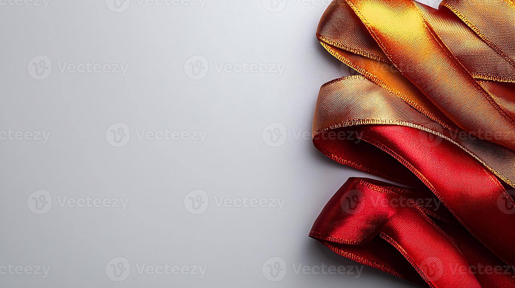 Colorful satin ribbons in shades of red, gold, and orange elegantly arranged on a soft surface photo