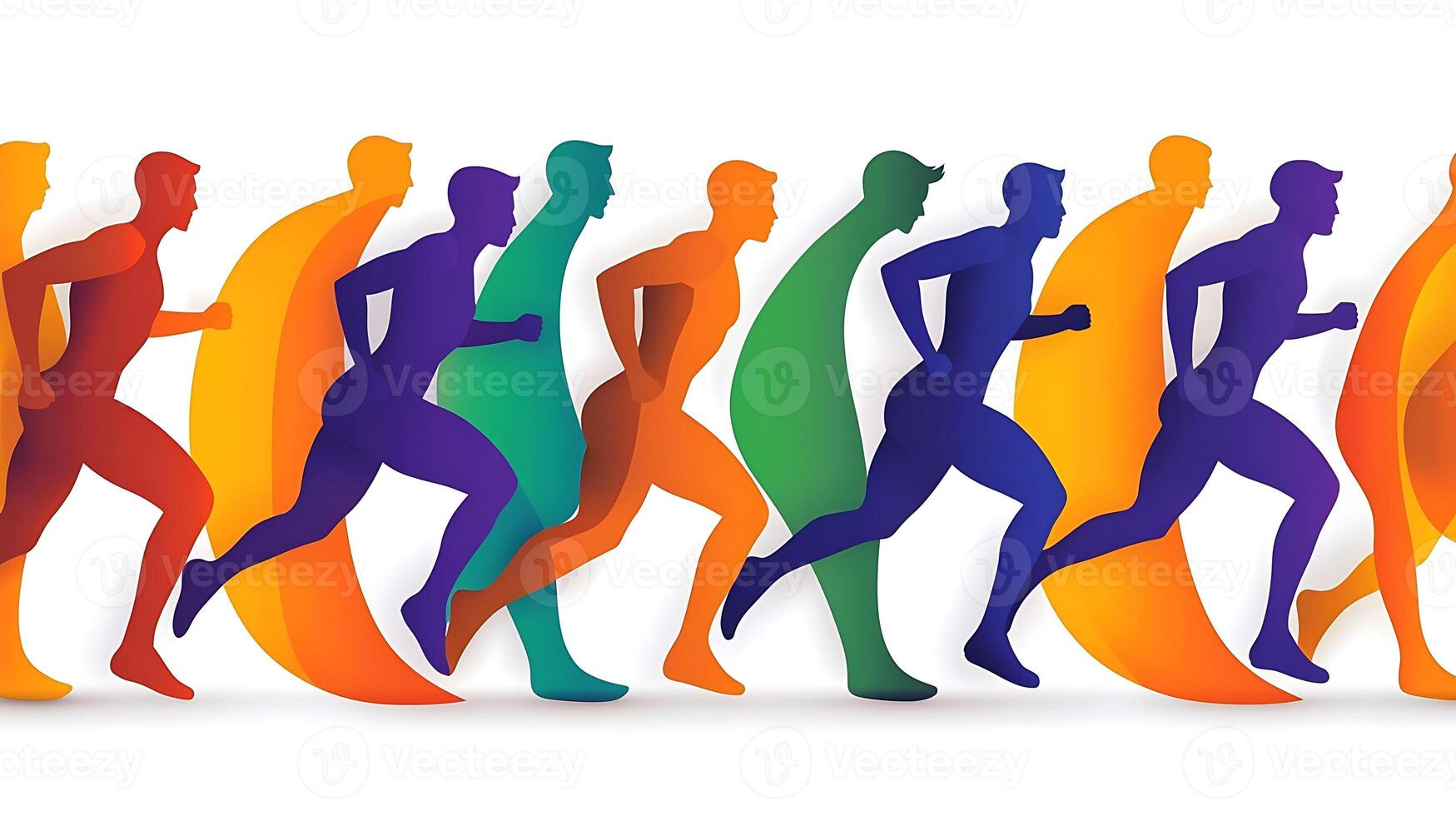 Colorful silhouettes of runners in motion, showcasing speed and energy against a vibrant backdrop photo