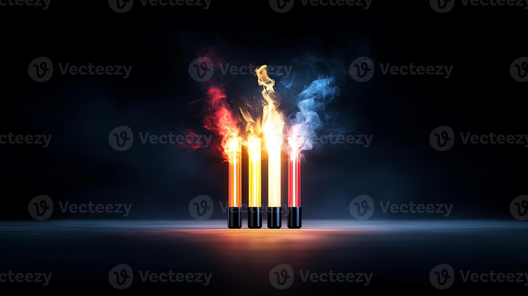 Colorful smoke and flame effects emanating from five glowing tubes in a dark setting photo