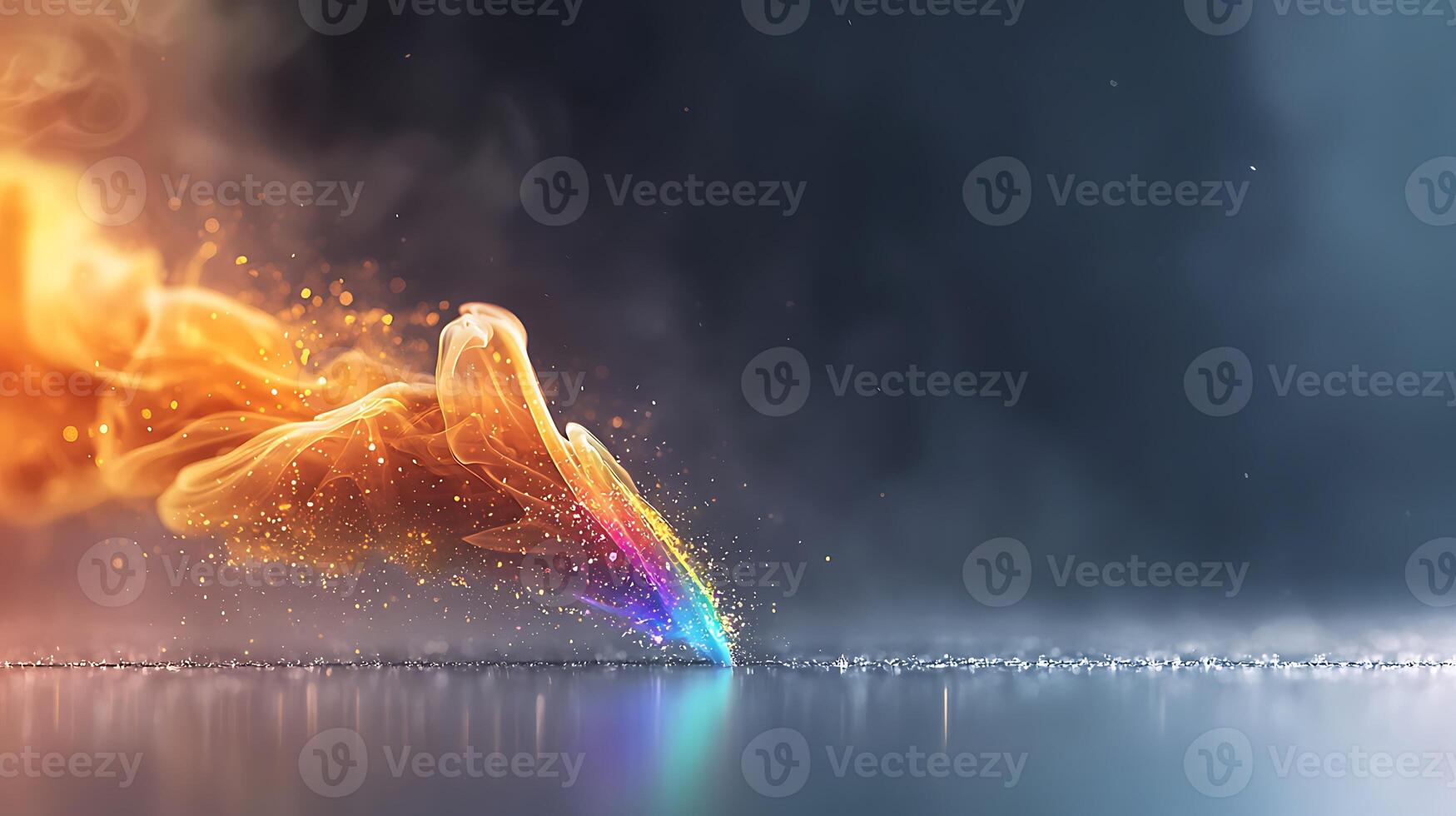 Colorful smoke and light trails merge in a dynamic display over a misty background photo