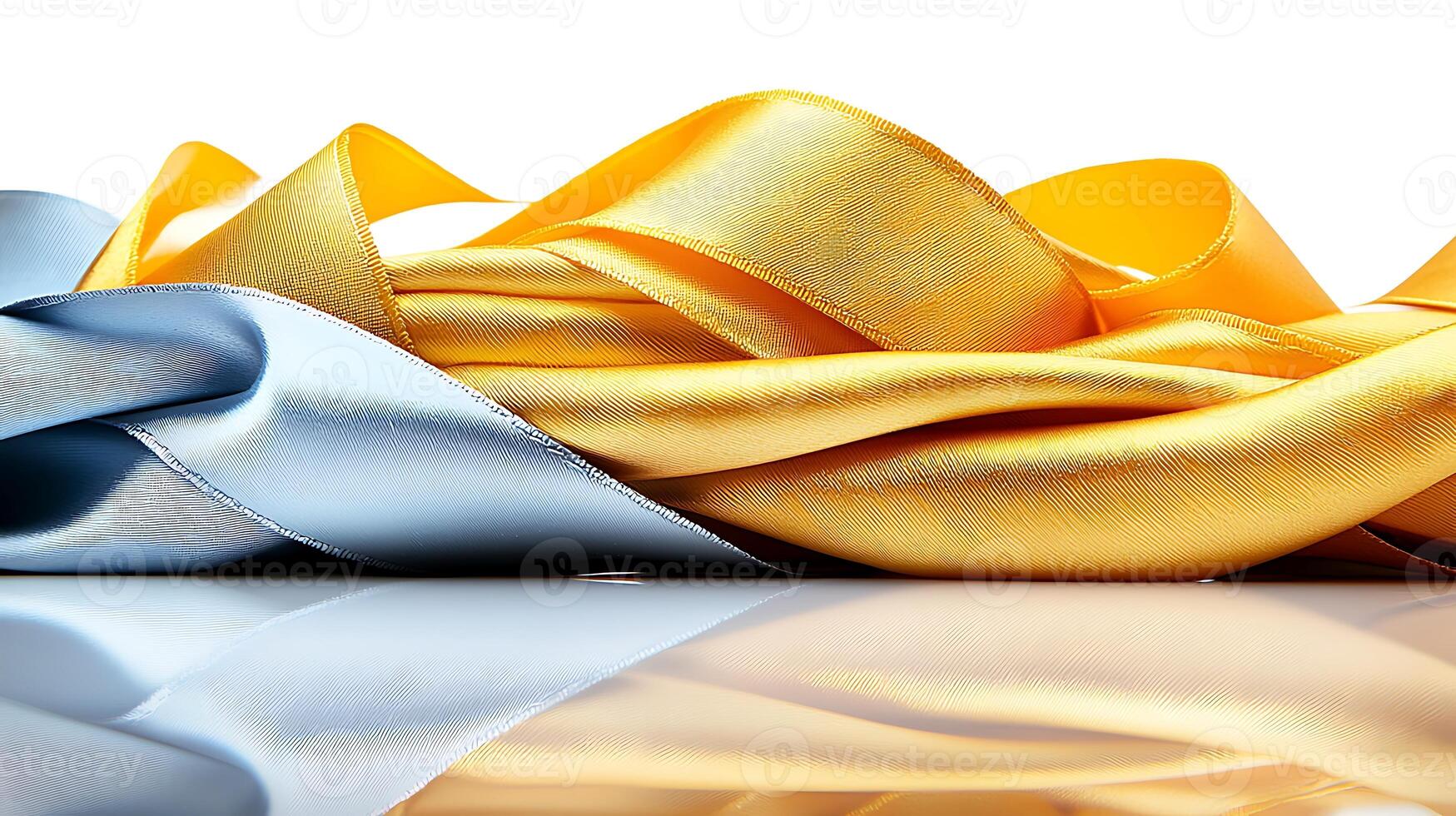 Colorful silk ribbons in blue and gold intertwined on a reflective surface, creating an elegant display photo