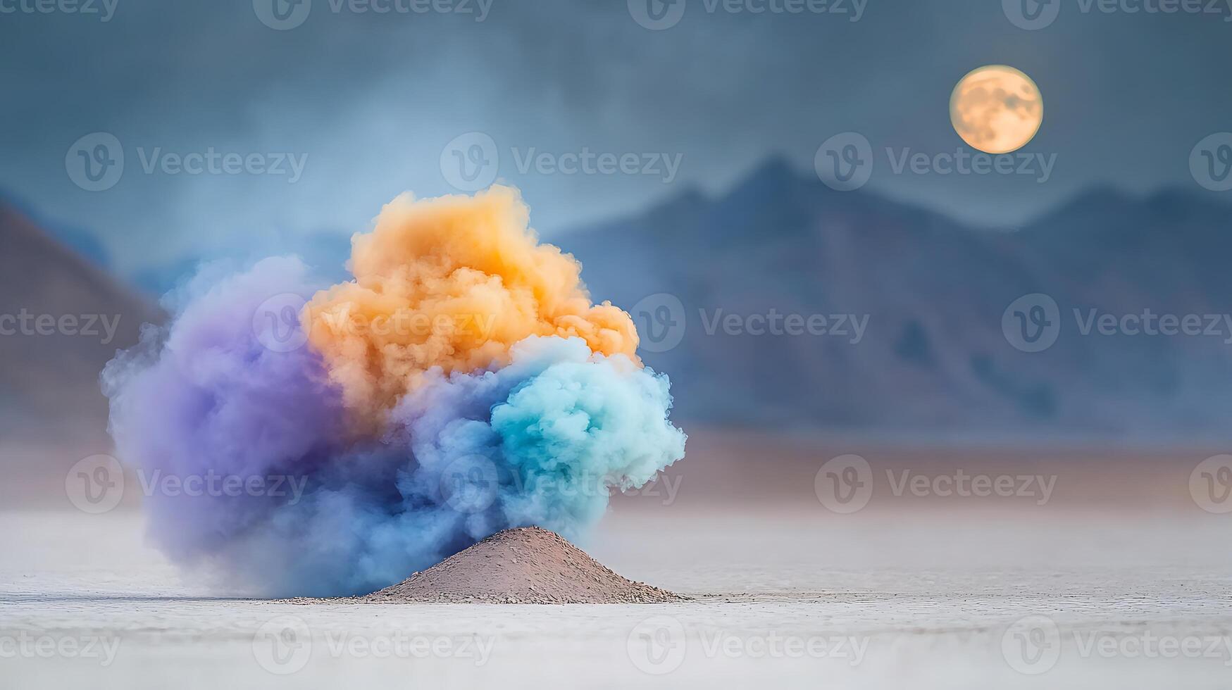 Colorful smoke explosion against a desert landscape with a full moon illuminating the scene photo