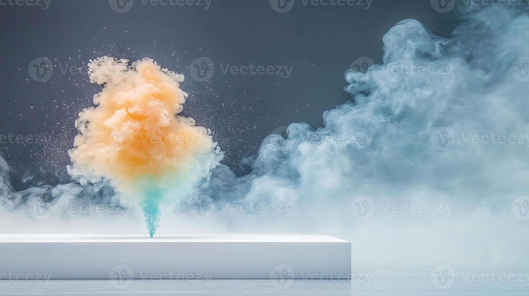 Colorful smoke explosion on a white pedestal, creating a vibrant atmosphere in a studio photo