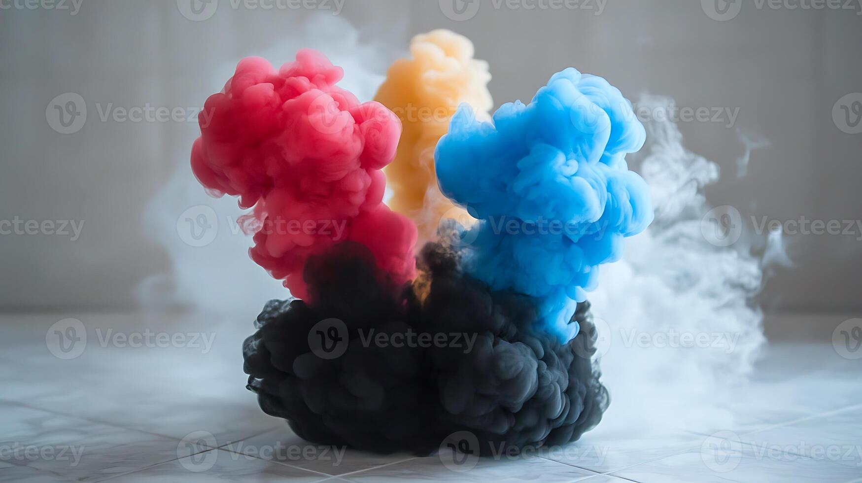 Colorful smoke plumes rise dramatically against a neutral background, creating an artistic display photo