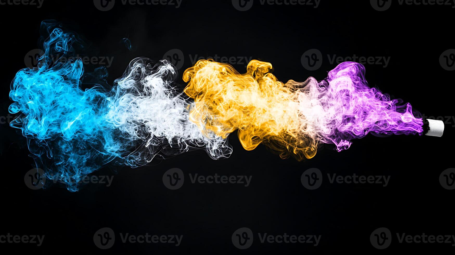 Colorful smoke swirls in vibrant hues of blue, white, yellow, and purple against a black background photo