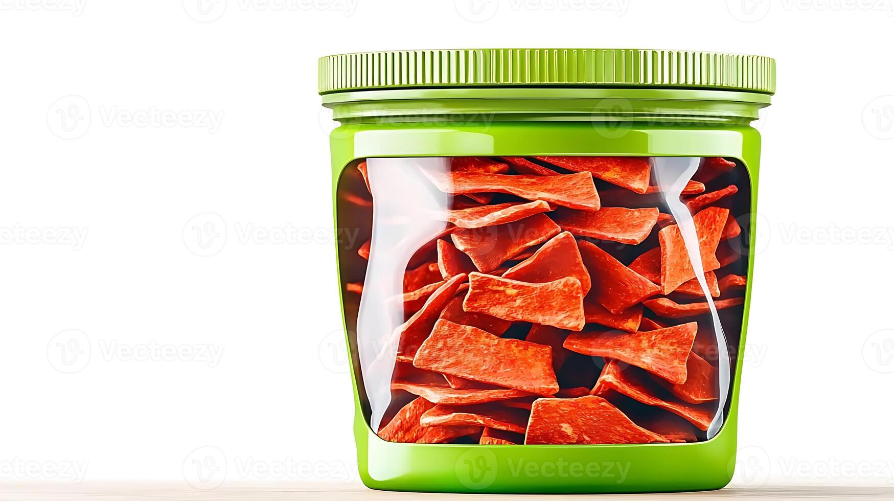 Colorful snack jar filled with crispy chips, placed on a clean surface with a minimalistic background photo