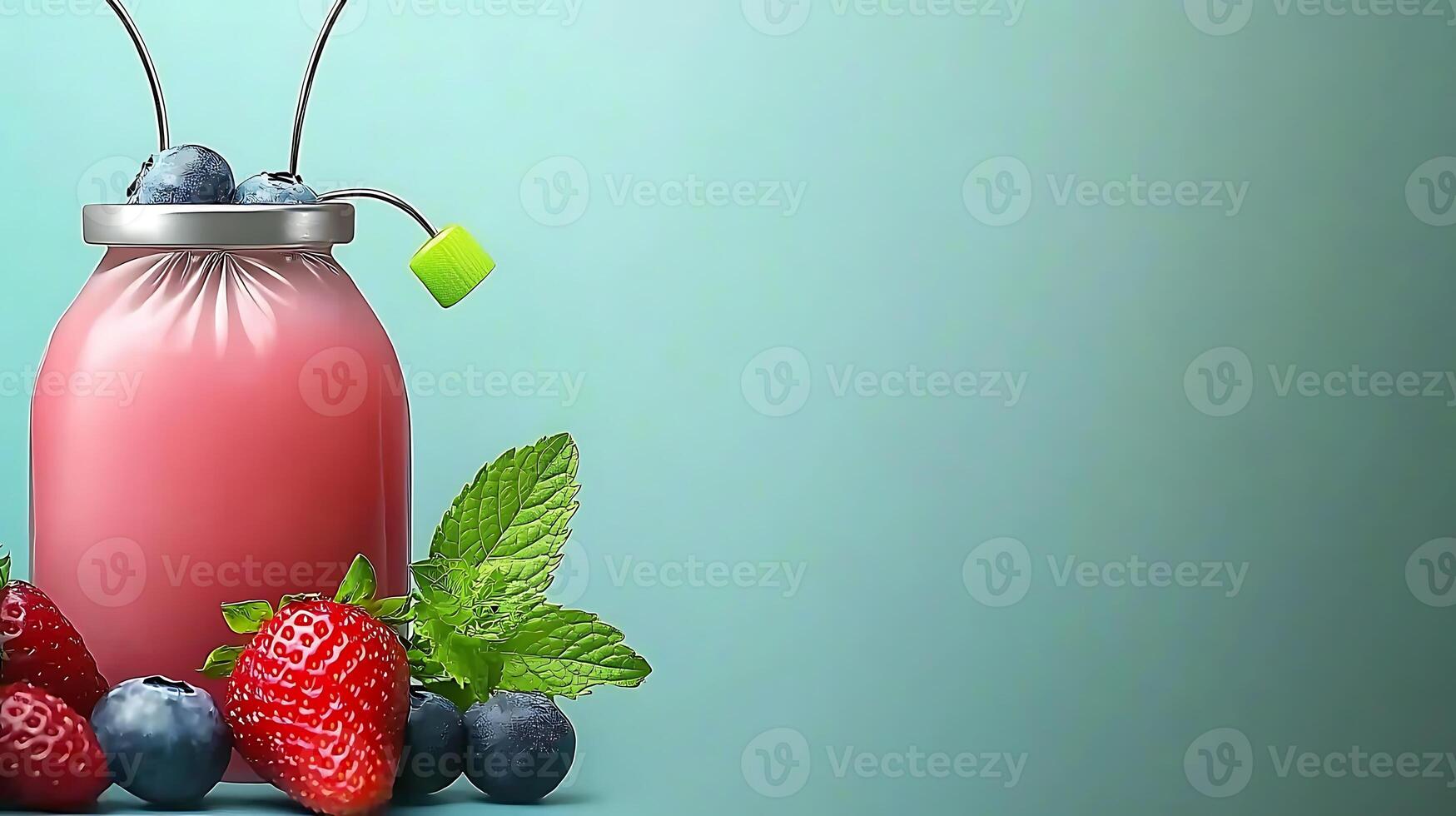 Colorful smoothie jar with fresh berries and mint on a soft gradient background photo