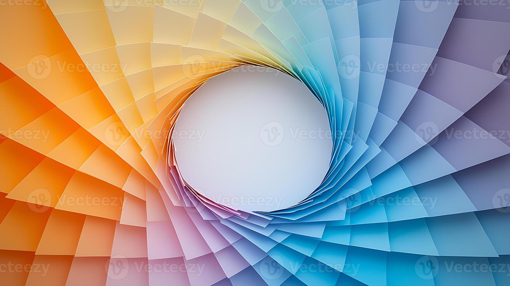 Colorful spiral pattern featuring vibrant paper sheets swirling towards a blank center photo
