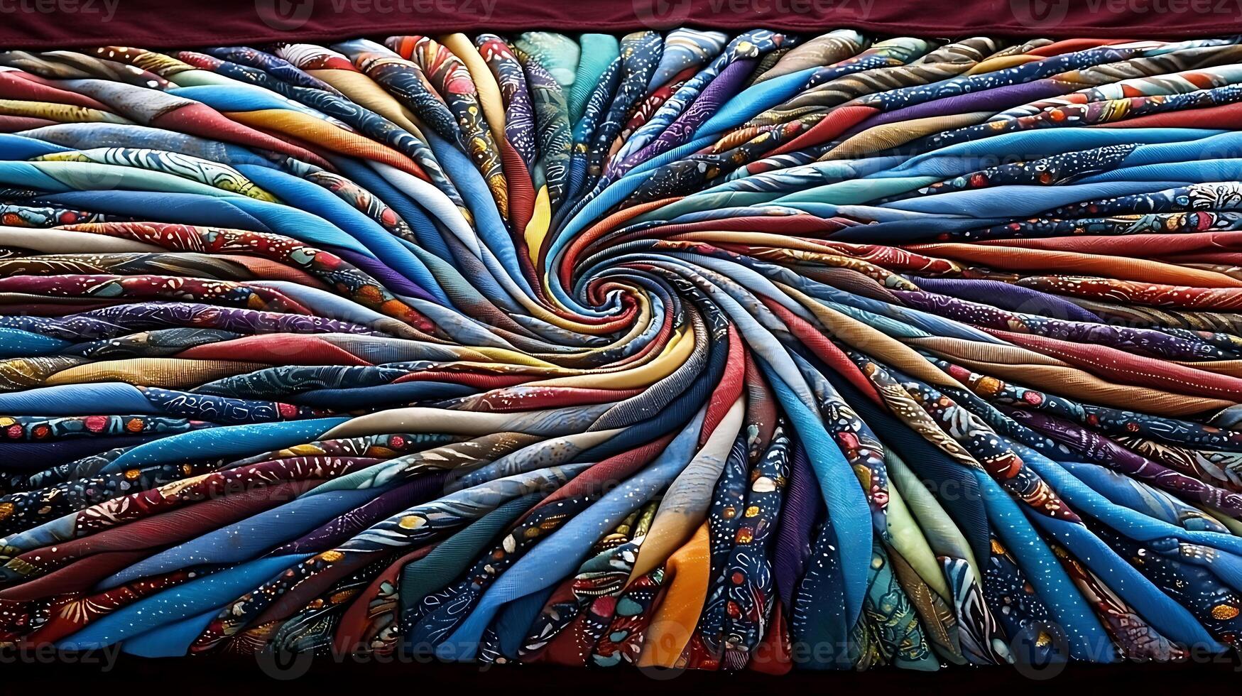 Colorful spiral arrangement of various patterned ties displayed artistically on a surface photo
