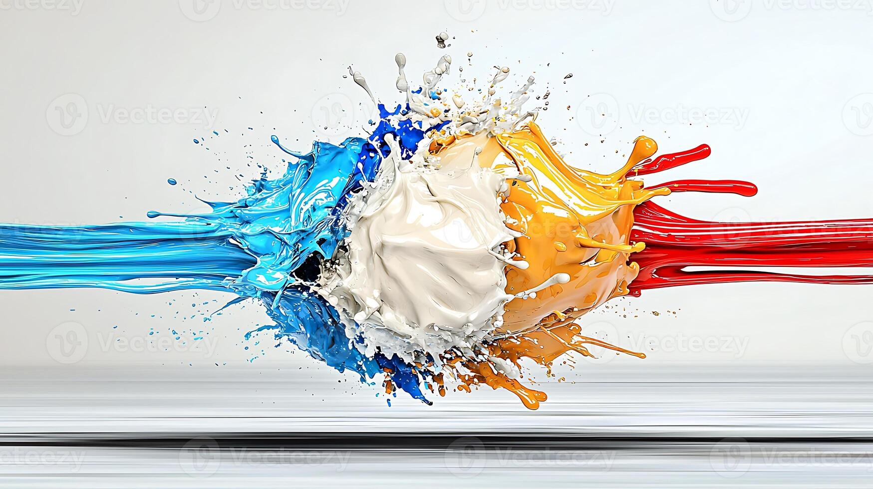 Colorful splashes of paint collide dynamically against a neutral background, showcasing motion photo