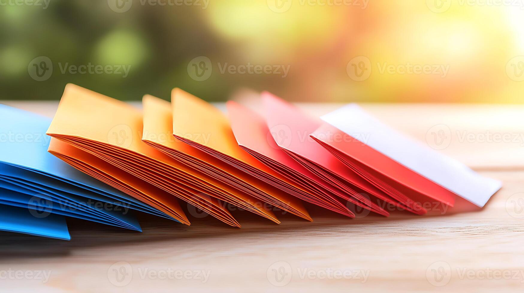 Colorful stack of paper envelopes arranged on a wooden table with a blurred natural background photo