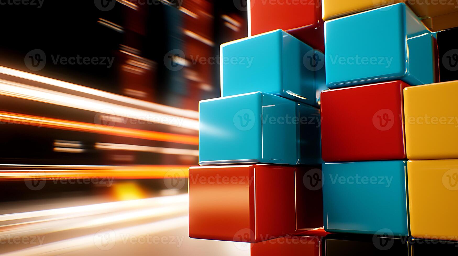 Colorful stacked blocks with motion blur in the background, illustrating dynamic urban life photo