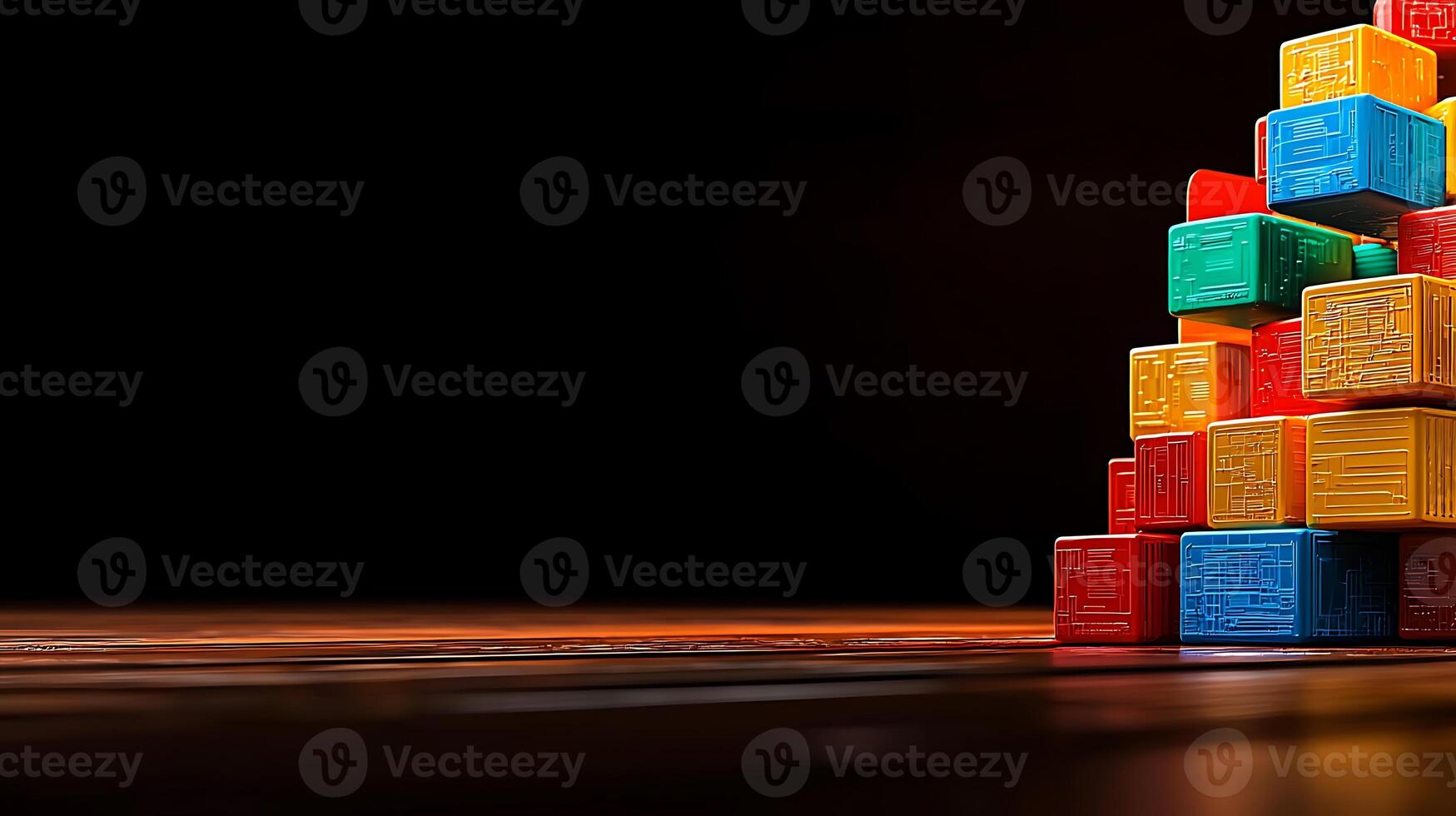 Colorful stacking blocks creating a playful pyramid on a dark surface with soft lighting photo