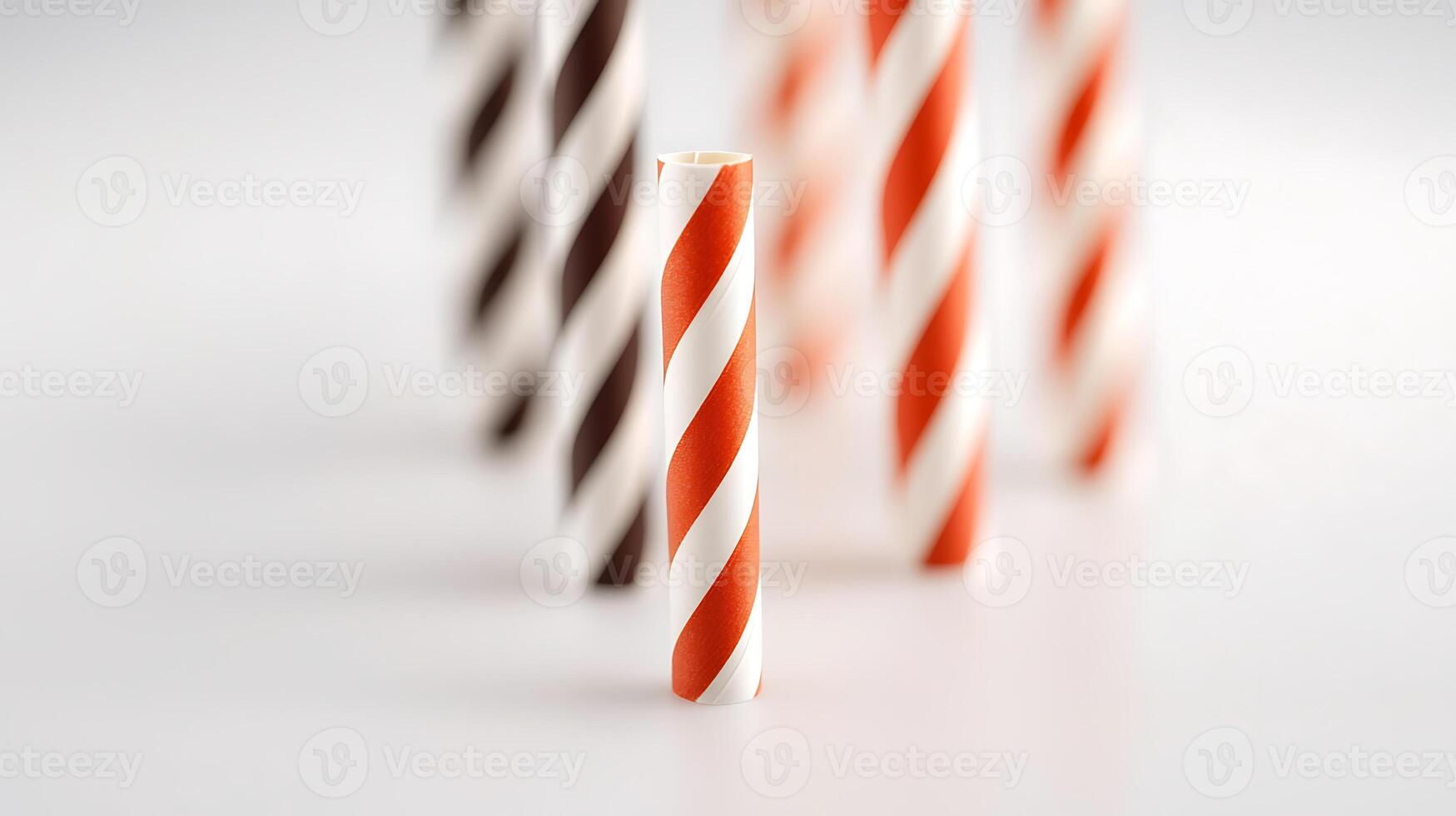 Colorful striped paper straws arranged artistically on a clean white background for beverage use photo