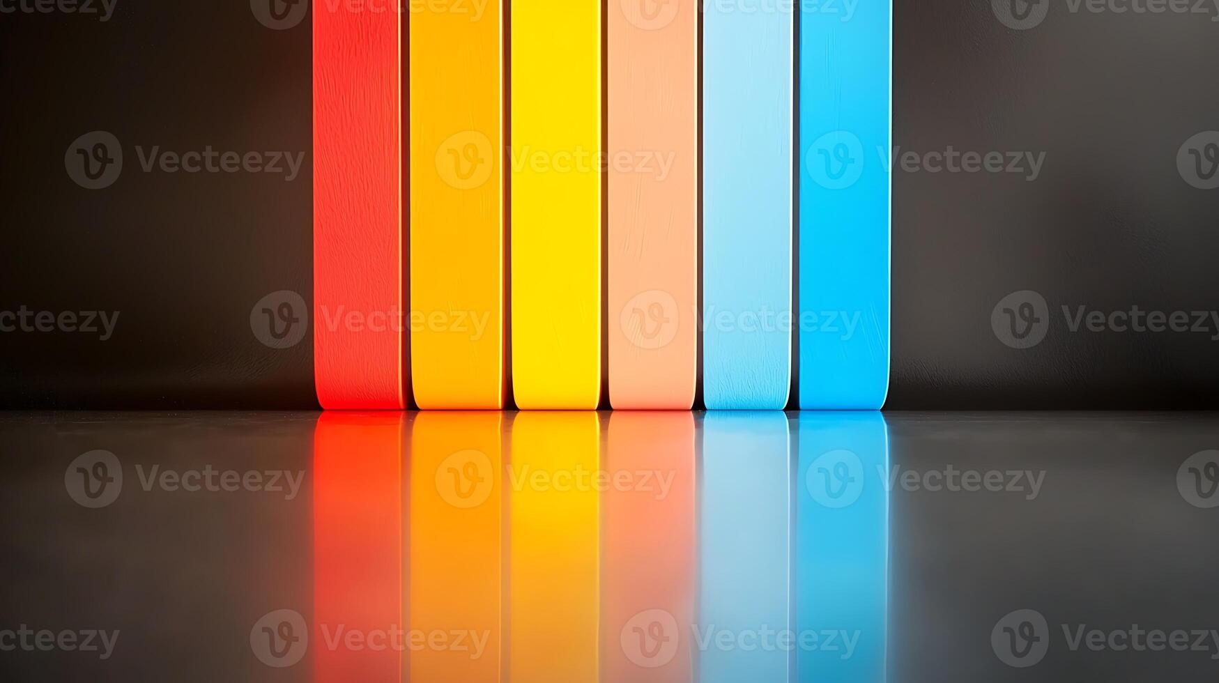 Colorful stacked objects reflecting light on a smooth surface, creating a vibrant visual effect photo