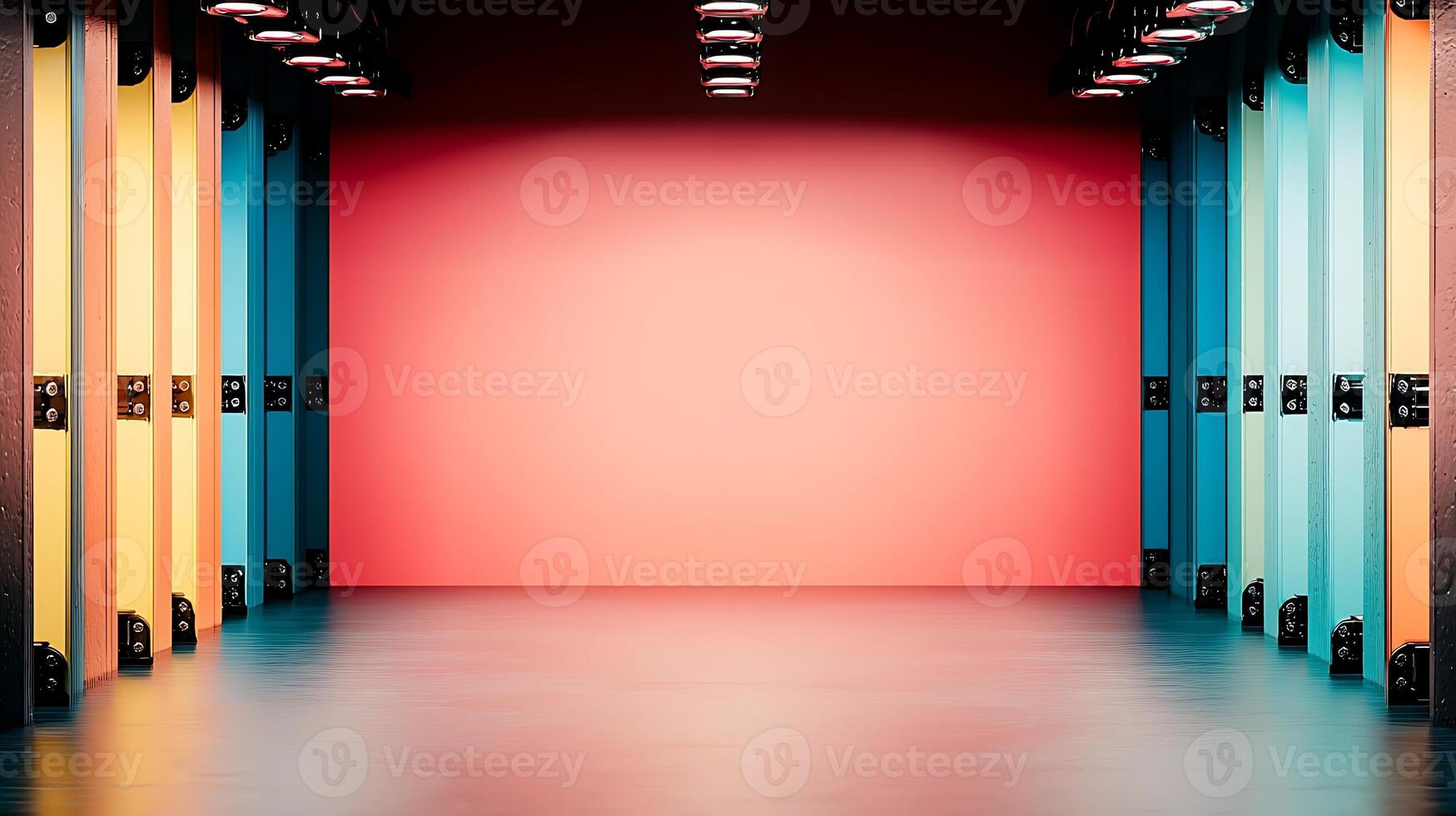 Colorful storage facility with vibrant walls and lighting, showcasing empty space for use photo
