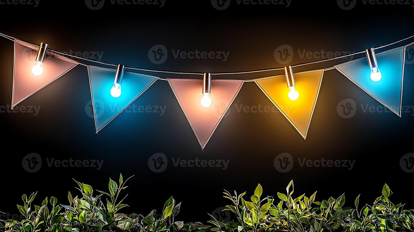 Colorful string lights illuminate a festive atmosphere with vibrant triangular banners and foliage photo