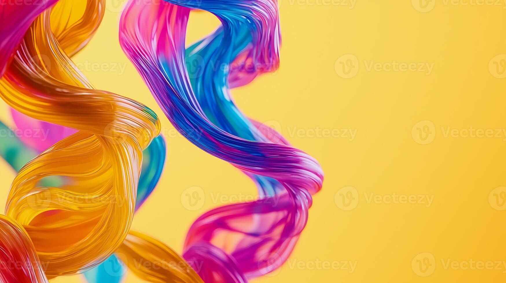 Colorful swirling ribbons of paint against a bright yellow background showcasing vibrant movement photo
