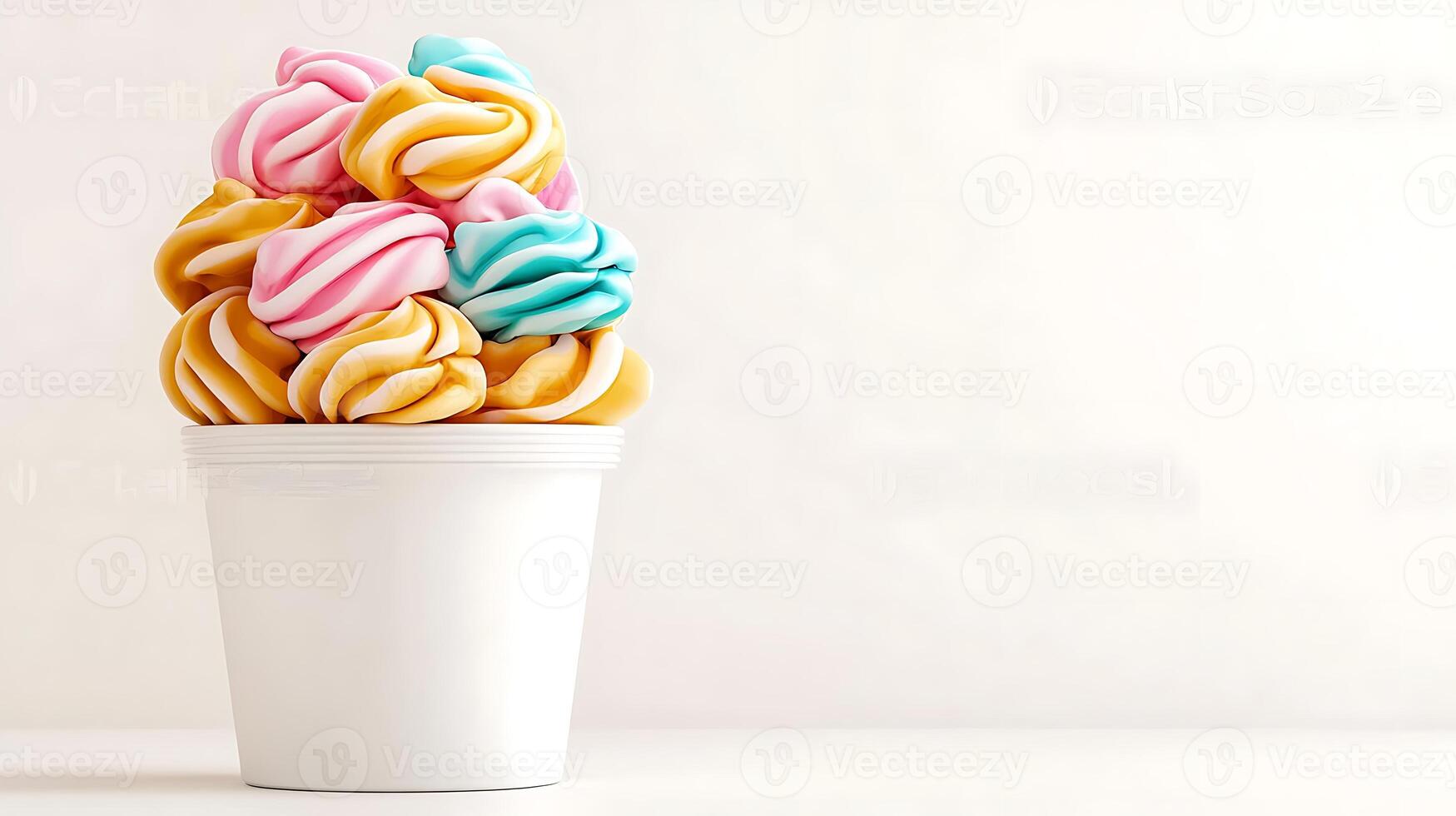 Colorful swirls of soft serve ice cream piled high in a white cup against a light background photo