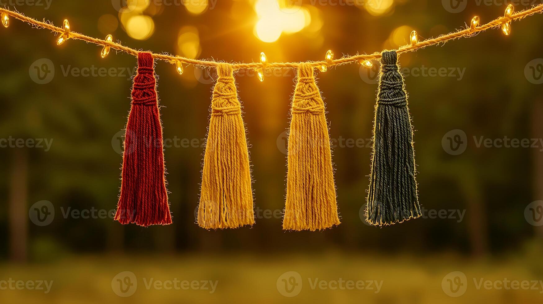 Colorful tassels hanging on a string with warm sunlight in the background, creating a festive atmosphere photo