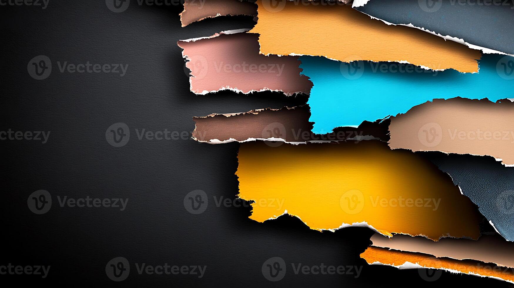 Colorful torn paper layers creating a vibrant texture on a dark background for design use photo