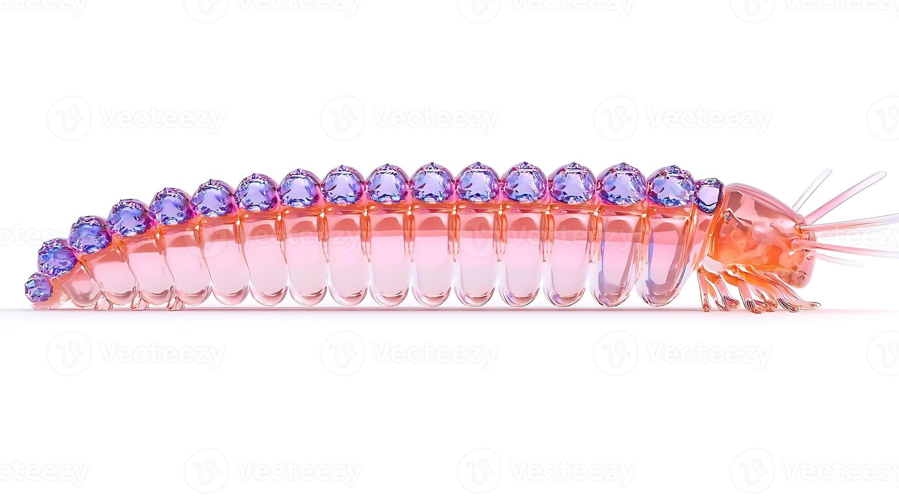 Colorful, translucent caterpillar-like creature with crystal-like features on a white background photo