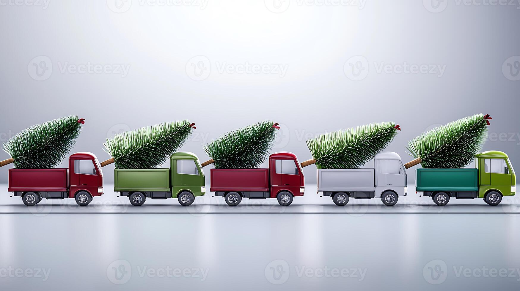 Colorful toy trucks transporting Christmas trees on a sleek surface with a minimalistic backdrop photo