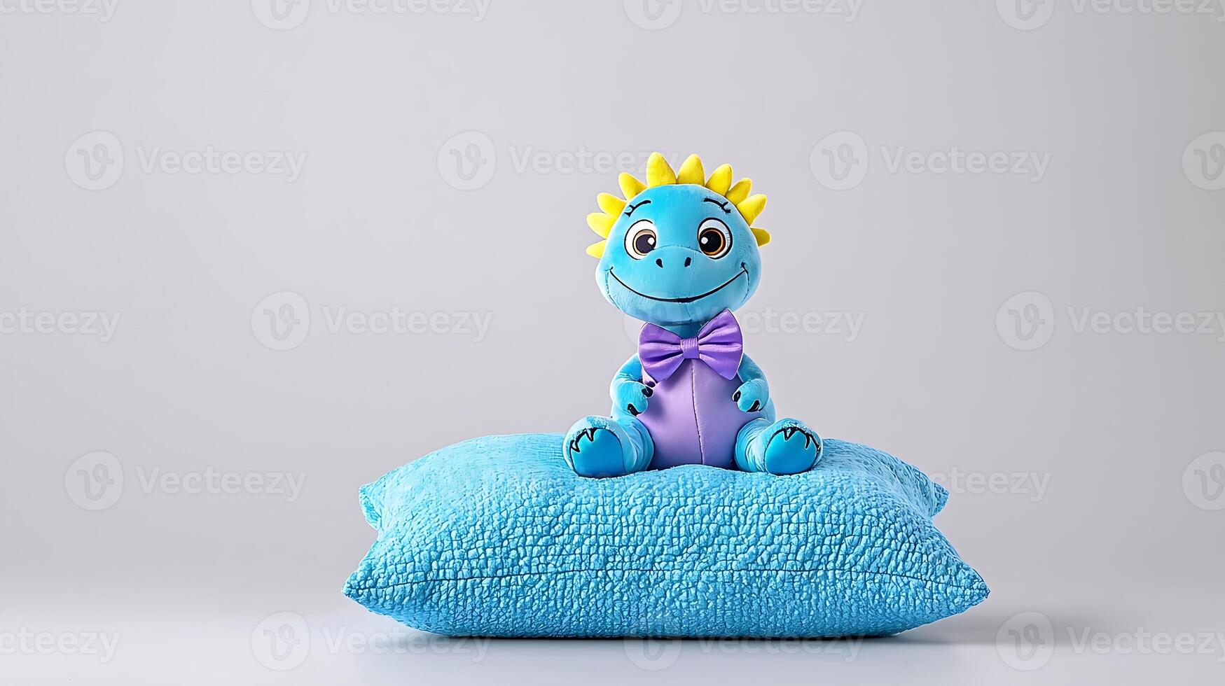 Colorful toy dinosaur sitting on a blue pillow against a plain background, inviting playfulness photo