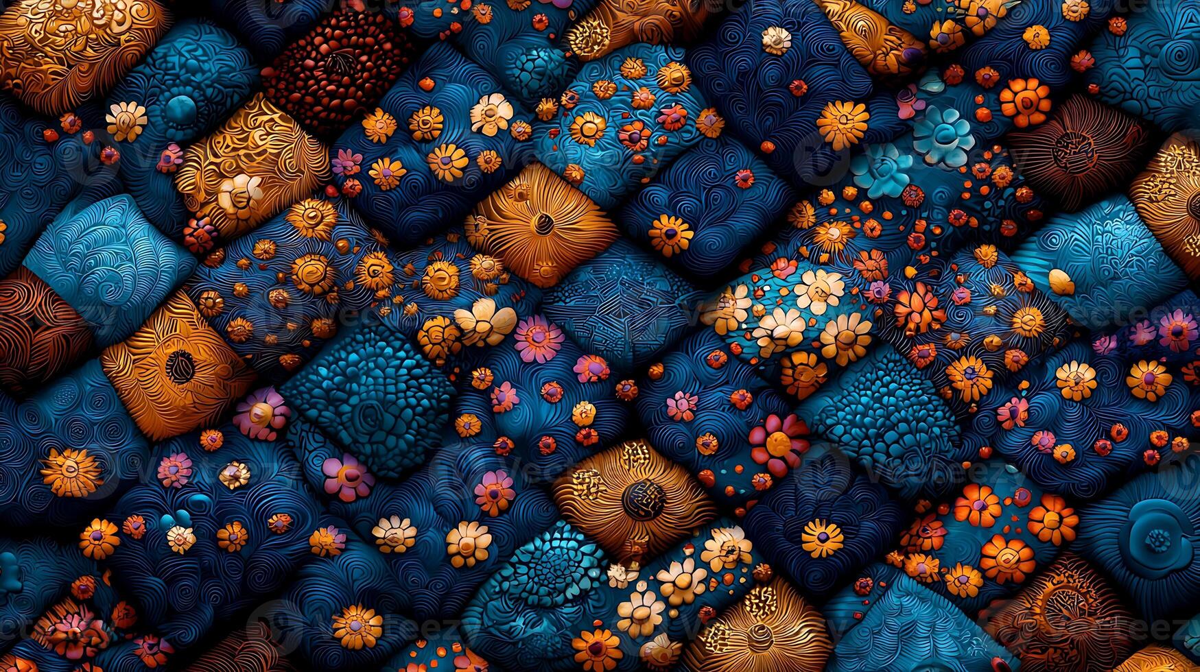 Colorful textured tiles with floral patterns arranged in a diagonal layout, creating a vibrant backdrop photo