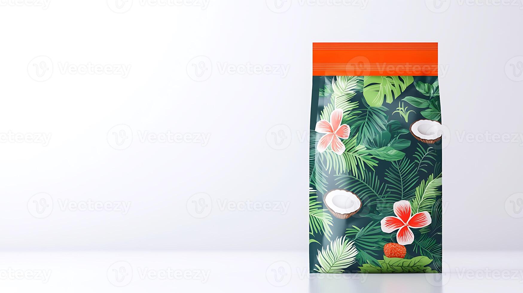 Colorful tropical packaging with floral design, featuring coconuts, set against a minimalist background photo