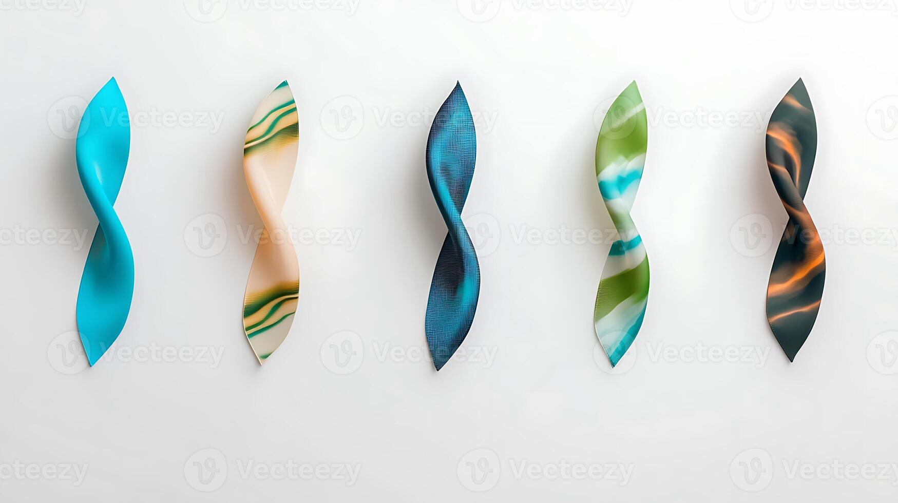 Colorful twisted sculptures arranged in a line against a white background showcasing design creativity photo