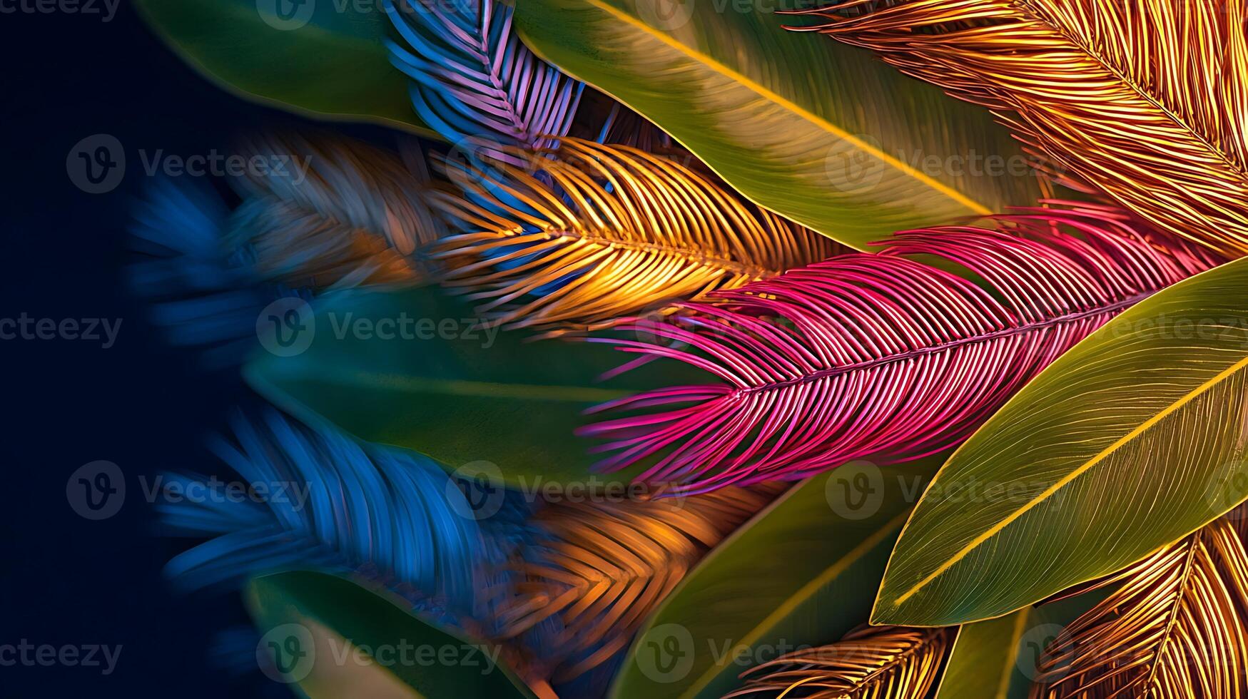 Colorful tropical leaves with vibrant hues creating an artistic backdrop for nature-themed designs photo