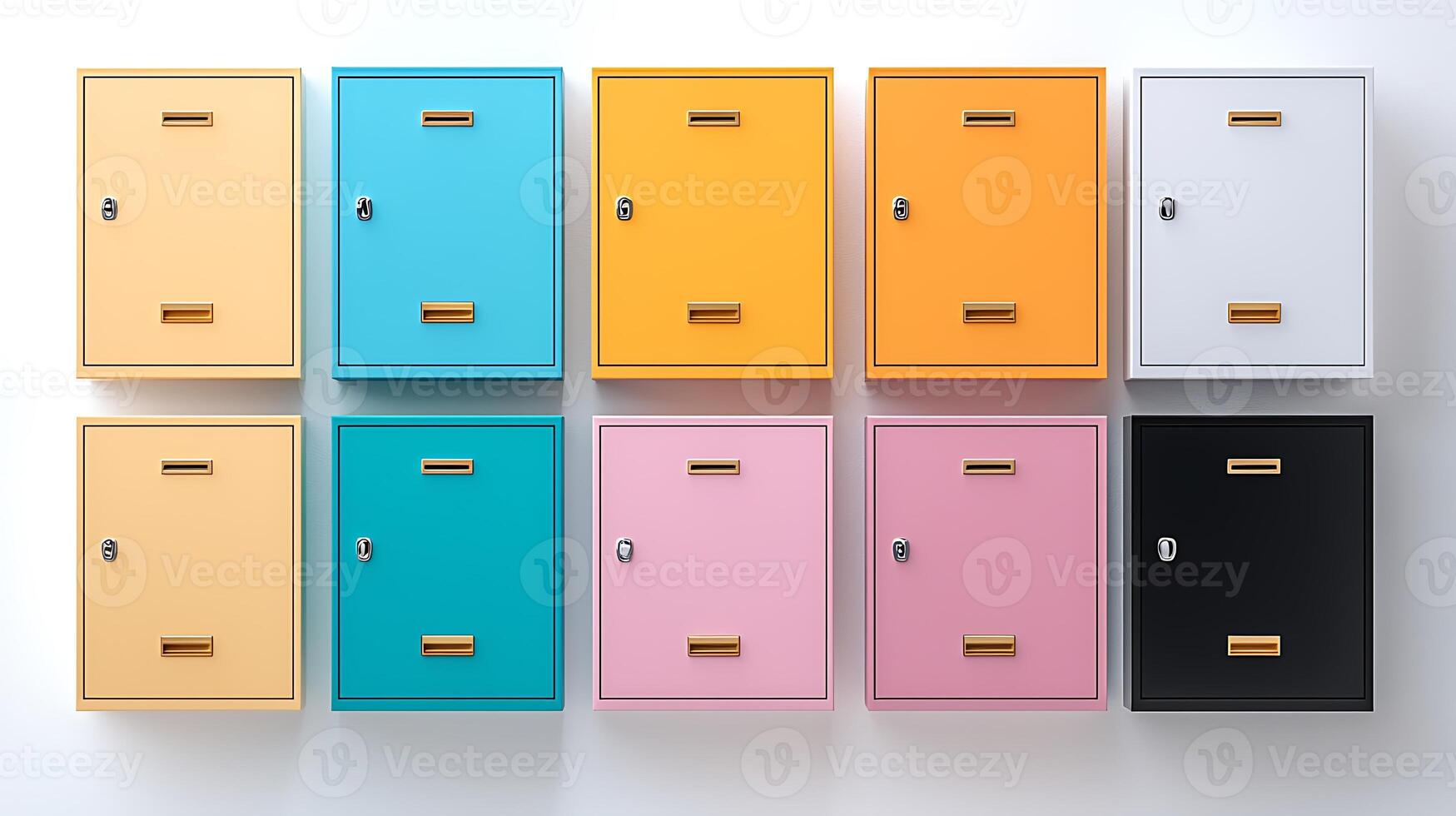 Colorful wall-mounted mailboxes arranged in a grid, showcasing vibrant hues and sleek design photo