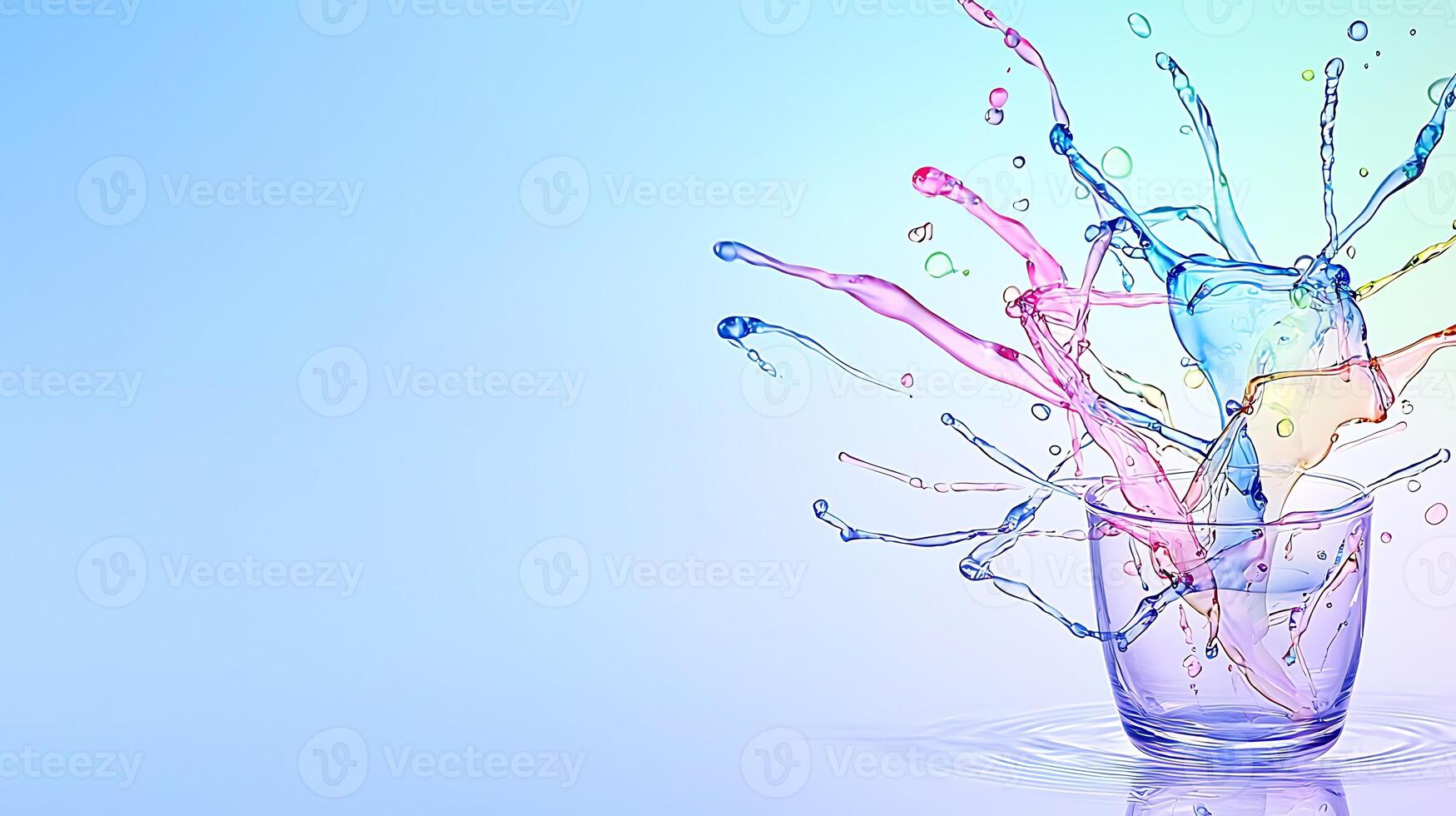 Colorful water splashes from a glass cup against a soft gradient background, showcasing motion photo