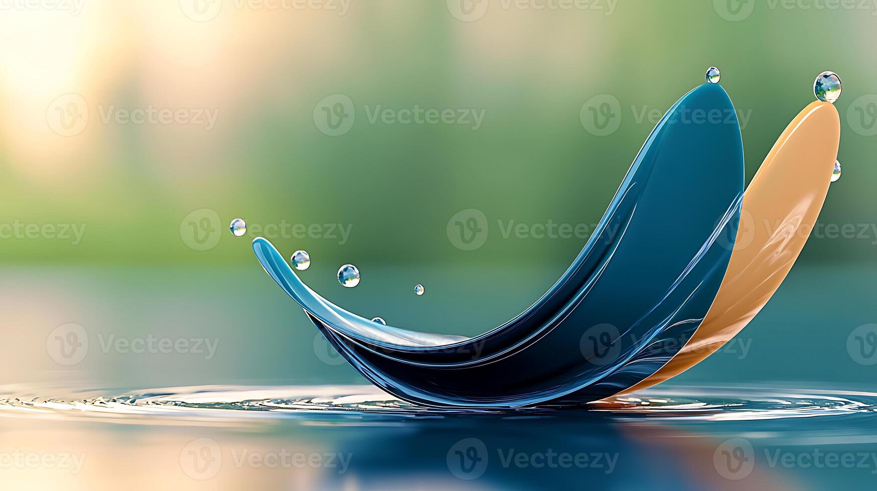 Colorful water splash with droplets captured in a serene environment, showcasing motion and fluidity photo