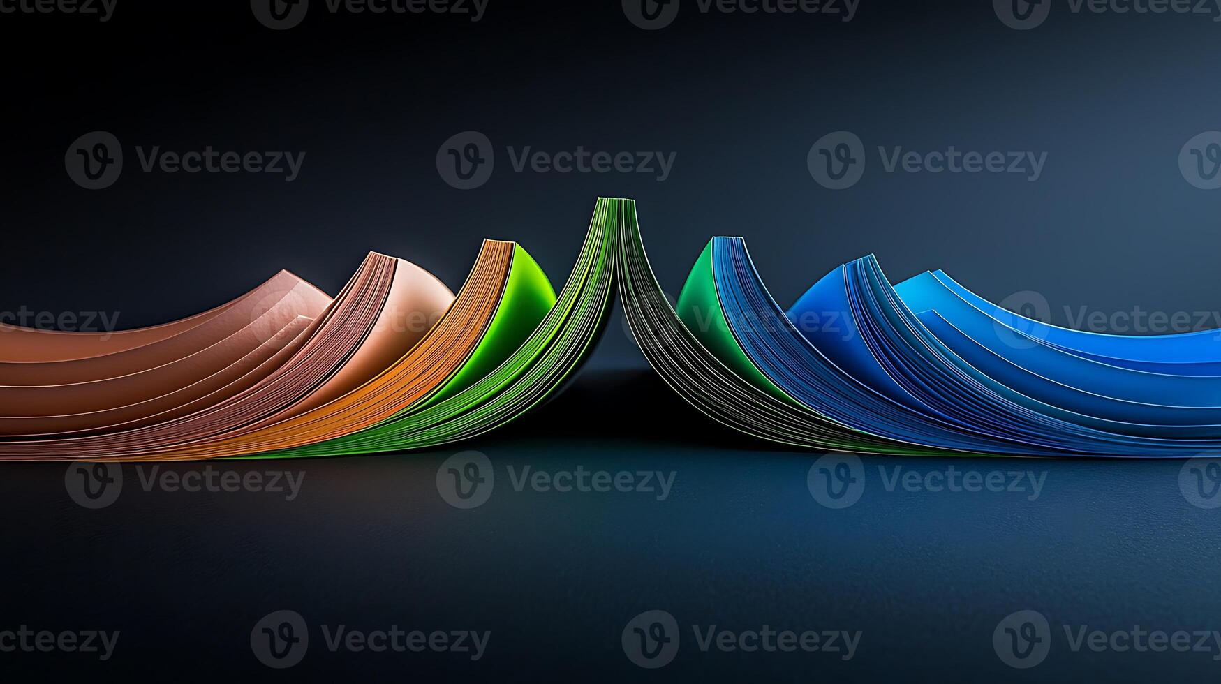 Colorful Waves of Paper Sheets Curving Together on a Dark Surface, Creating a Dynamic Visual Effect photo