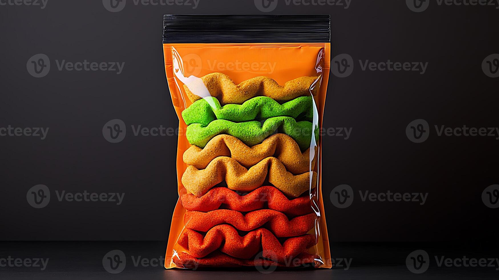 Colorful wavy snack packaging displayed against a dark background, emphasizing texture and design photo