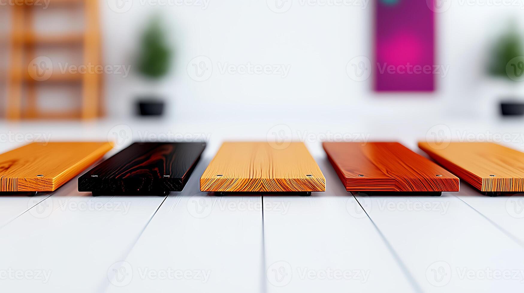 Colorful wooden planks arranged on a bright floor, showcasing craftsmanship in a modern interior photo